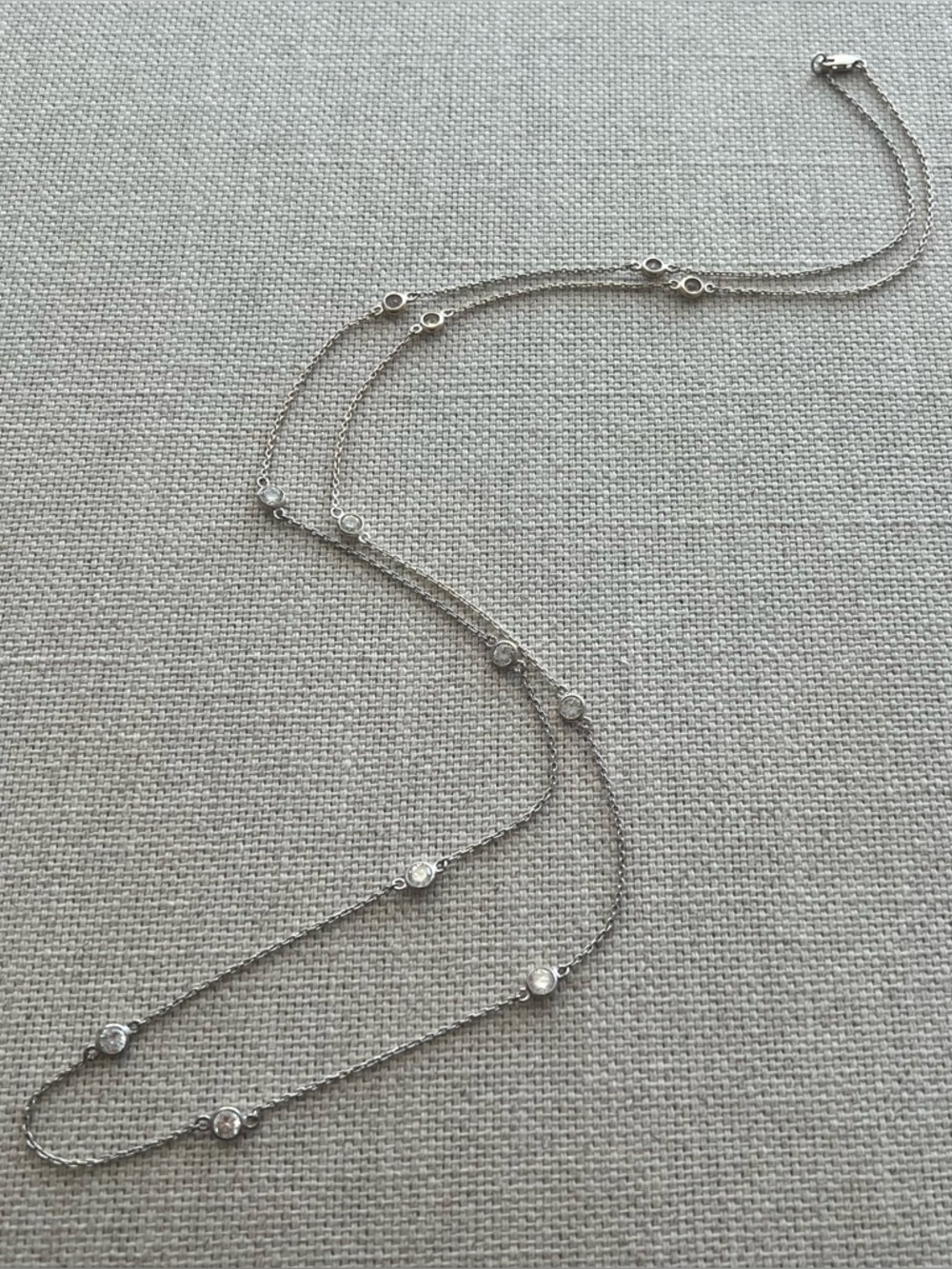 Long Sterling Silver Layered Zirconia Station Chain Necklace